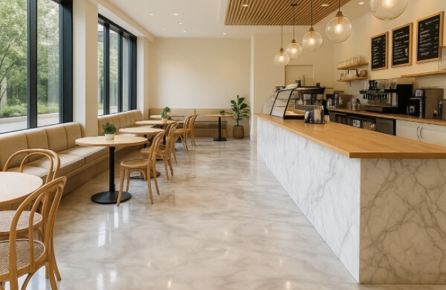 Commercial epoxy flooring used in a bright modern café interior installed by Epoxy Flooring Guys Brisbane.
