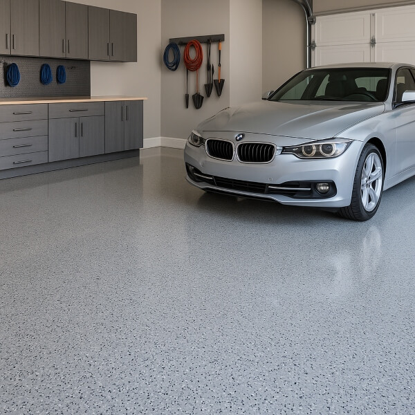 Garage with parked car on epoxy floor highlighting clean finish, hot tyre resistance and long lasting durability by Epoxy Flooring Guys Brisbane.