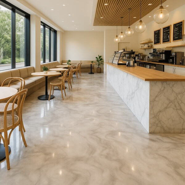 Marble-look commercial epoxy flooring used in a bright modern café interior installed by Epoxy Flooring Guys Brisbane.