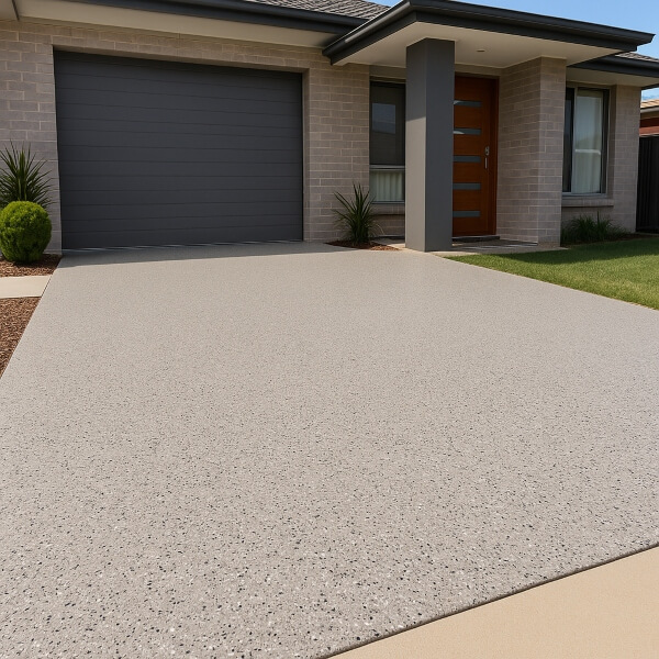Modern home with light grey flake epoxy driveway coating showing a clean, durable and low maintenance surface by Epoxy Flooring Guys Brisbane.