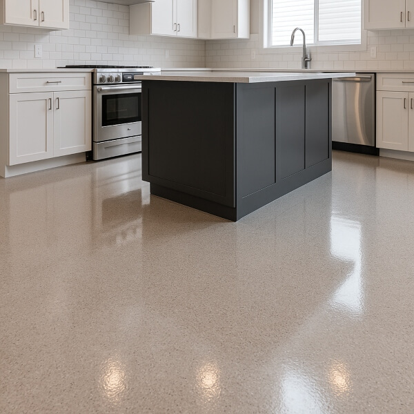 Modern kitchen epoxy floor providing a smooth, hygienic and easy to clean surface by Epoxy Flooring Guys Brisbane.