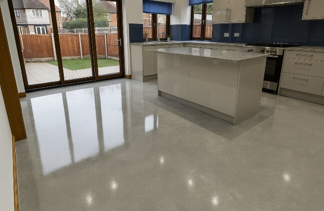 Modern kitchen epoxy flooring combining durability, easy cleaning and modern design by Epoxy Flooring Guys Brisbane.