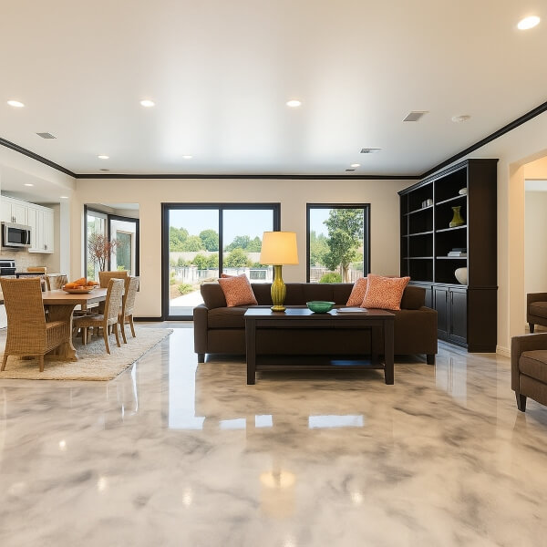 Modern living and dining area with residential epoxy flooring featuring a marble look finish that’s durable, stylish and easy to clean by Epoxy Flooring Guys Brisbane.