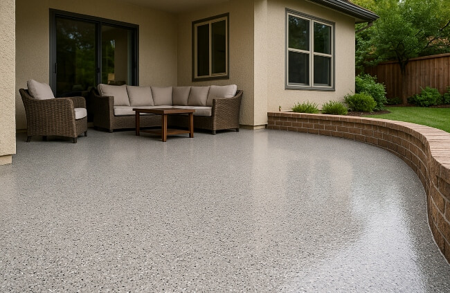 Stylish outdoor entertaining area in Brisbane with UV stable epoxy flooring by Epoxy Flooring Guys Brisbane, offering a sleek and easy clean surface.