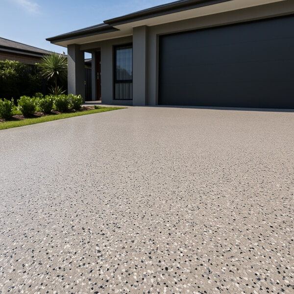 Textured flake epoxy driveway finish offering strong heat and oil resistance for long term durability by Epoxy Flooring Guys Brisbane.