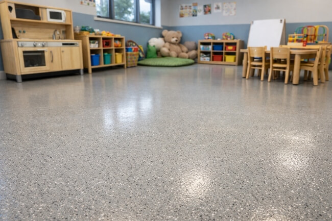 Childcare epoxy flooring Brisbane with seamless, easy-clean epoxy floor in a daycare room by Epoxy Flooring Guys Brisbane.